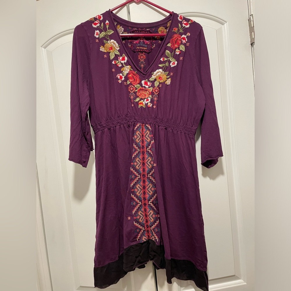 Johnny Was Plum Dress with Floral Embroidery